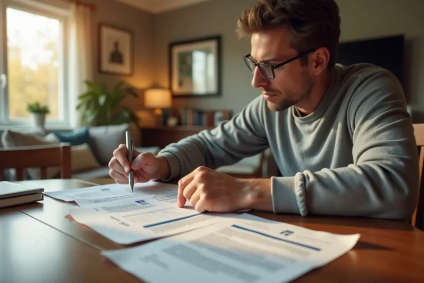 driver reviewing car insurance policy documents at home