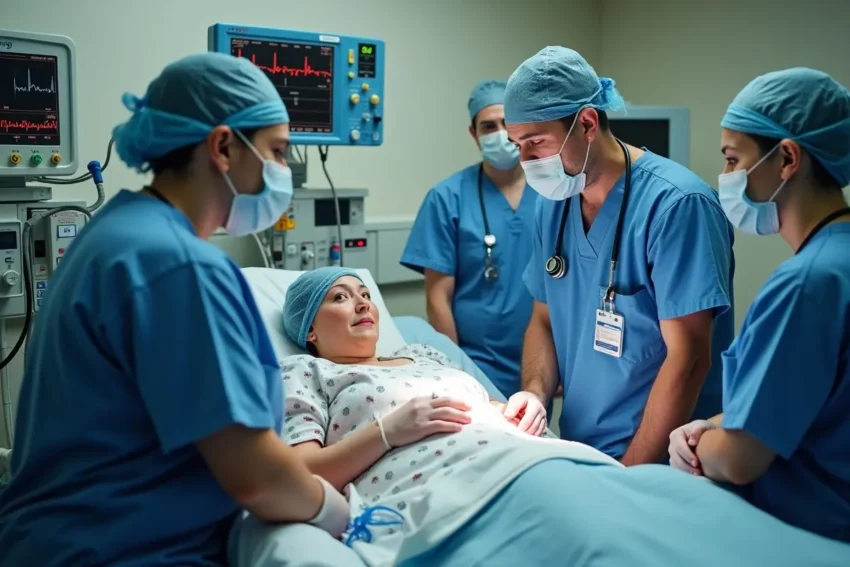 medical team monitoring childbirth complications in hospital