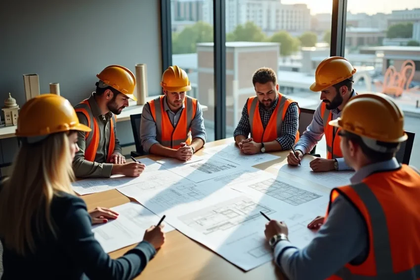 commercial construction team reviewing project delivery plans