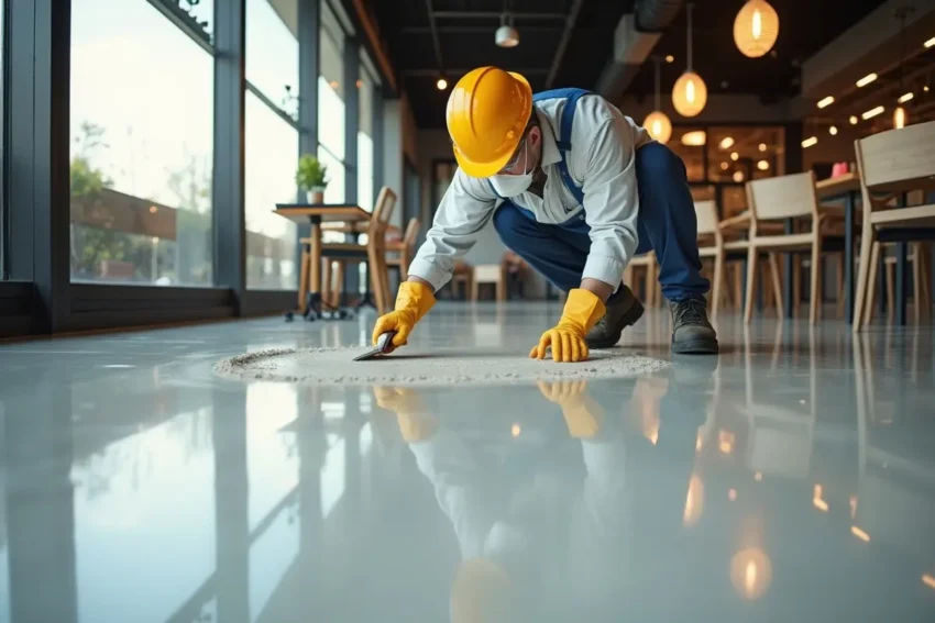 worker applying two part epoxy flooring in restaurant