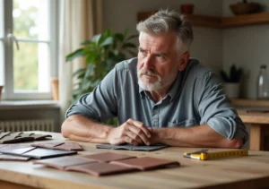 homeowner comparing roofing material samples on table
