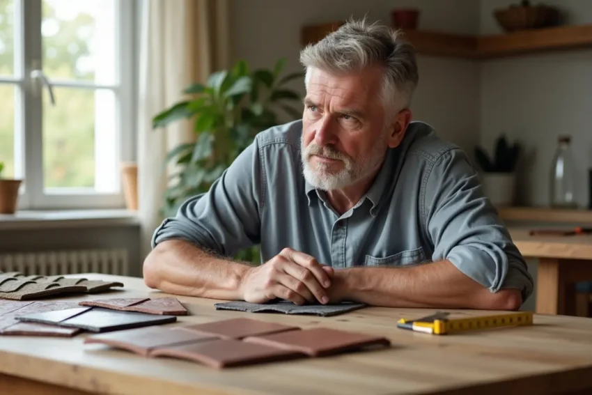 homeowner comparing roofing material samples on table