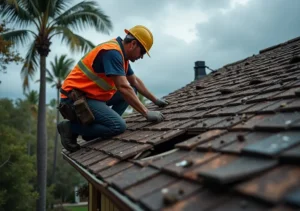 roofing contractor assessing storm damaged roof in jacksonville