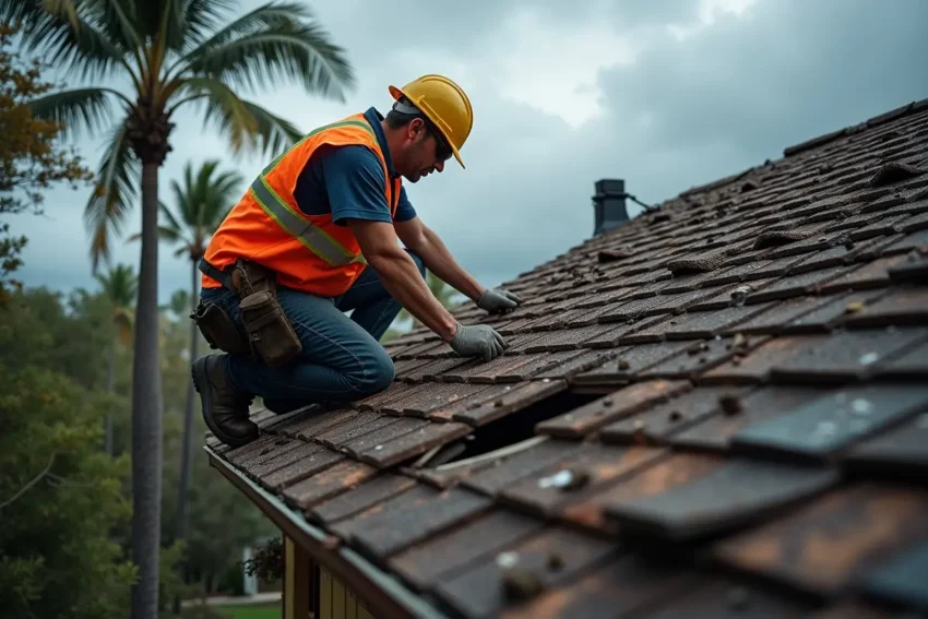 roofing contractor assessing storm damaged roof in jacksonville