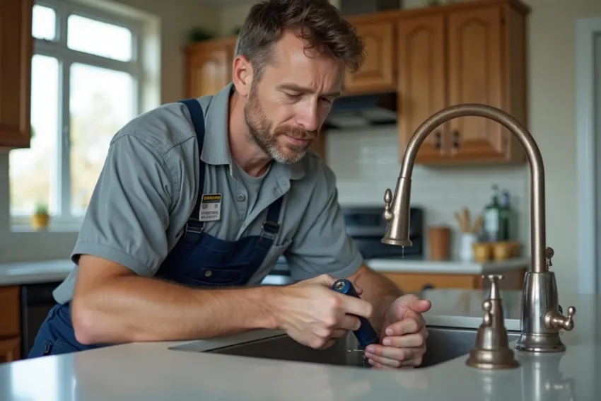 licensed plumber repairing residential kitchen sink pipes