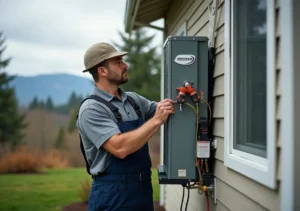 technician installing residential heat pump system in oregon