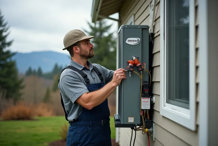 technician installing residential heat pump system in oregon