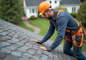 roofer inspecting damaged shingles on residential roof