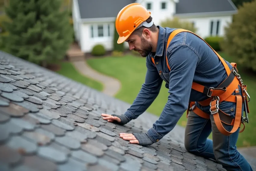 roofer inspecting damaged shingles on residential roof