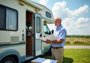 rv owner reviewing warranty options beside recreational vehicle