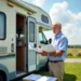 rv owner reviewing warranty options beside recreational vehicle