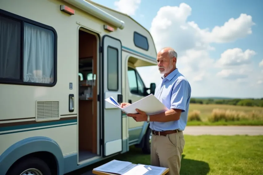 rv owner reviewing warranty options beside recreational vehicle