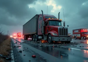 damaged semi truck after serious highway collision