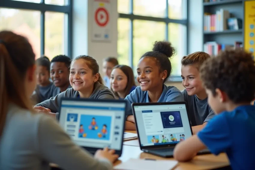 students using cloud based learning software on laptops