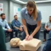 instructor demonstrating cpr training technique on mannequin during certification