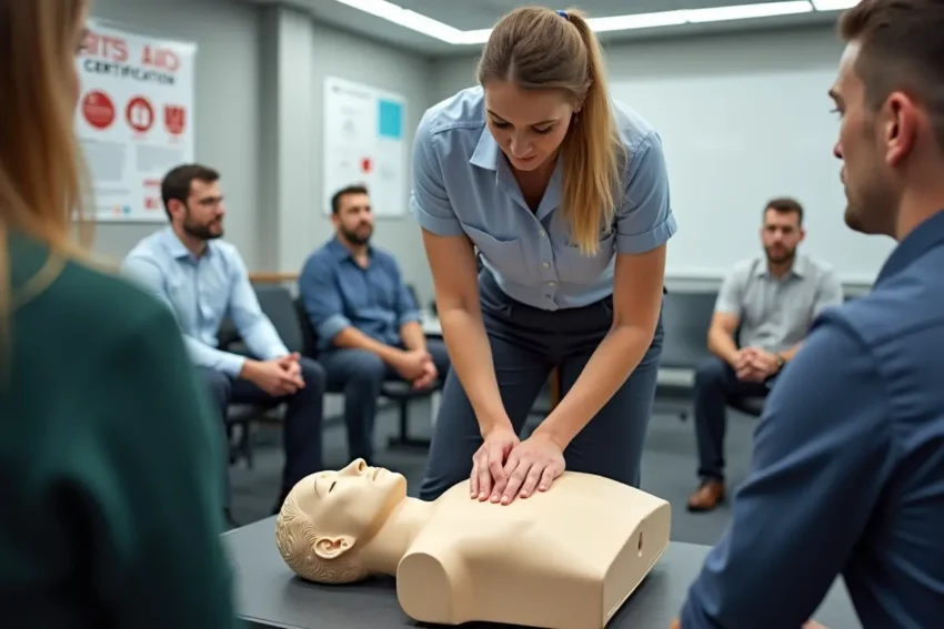 instructor demonstrating cpr training technique on mannequin during certification