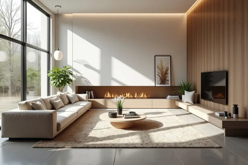 modern living room enhanced with stylish area rug decor
