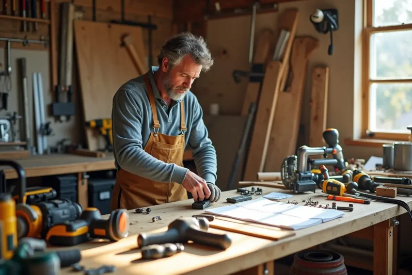 homeowner organizing essential tools and materials for home project