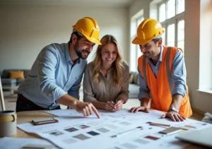 homeowner planning full scale remodeling project with contractors and design