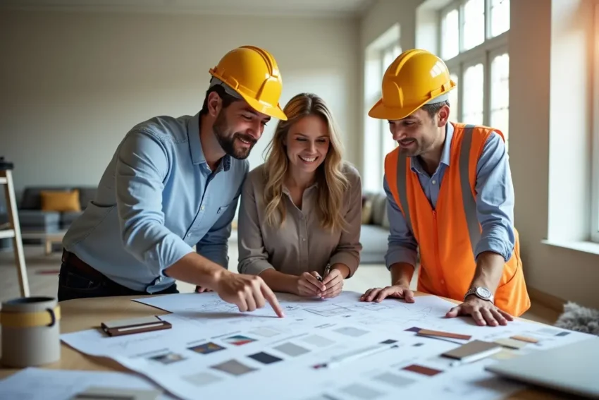 homeowner planning full scale remodeling project with contractors and design