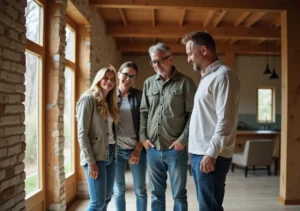 family inspecting structural details during home tour