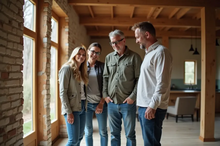 family inspecting structural details during home tour