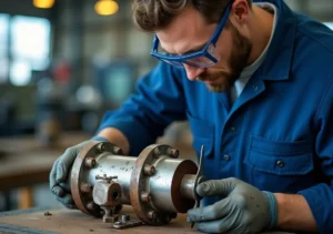 technician inspecting hydraulic diverter valve for wear