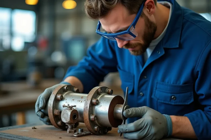 technician inspecting hydraulic diverter valve for wear