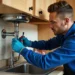 local plumber repairing kitchen sink pipes in home