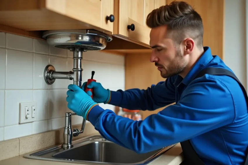 local plumber repairing kitchen sink pipes in home