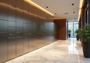 luxury mailroom design featuring modern lockers and smart systems