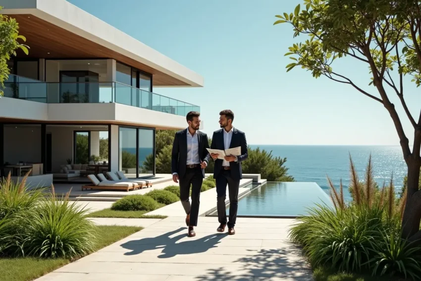 buyer exploring luxury villas abroad with real estate agent