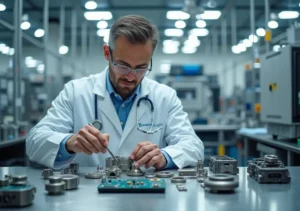 engineer assembling components in medical device manufacturing lab