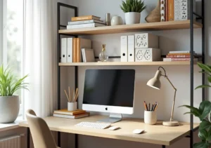 small office setup with affordable desk and shelves organization ideas