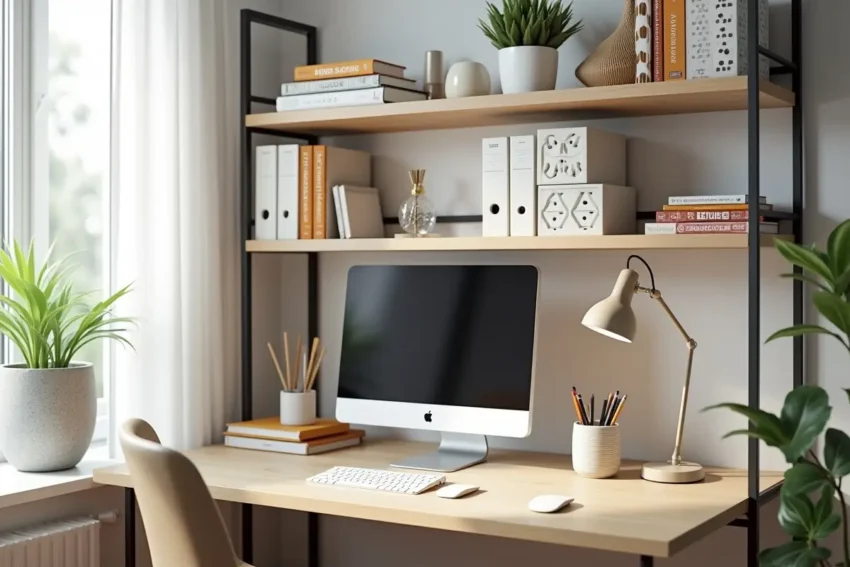 small office setup with affordable desk and shelves organization ideas