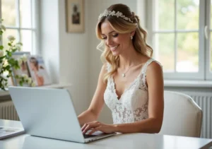bride using laptop for easy online wedding planning
