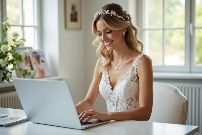 bride using laptop for easy online wedding planning