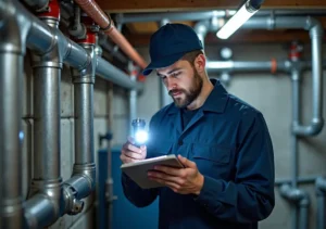 plumber inspecting pipes to prevent costly repairs