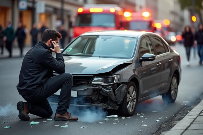 driver calling emergency services after serious car accident