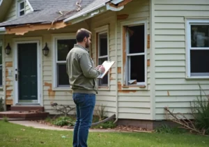 homeowner assessing property damage and planning next recovery steps