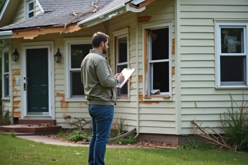 homeowner assessing property damage and planning next recovery steps