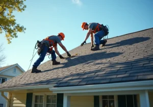 roofing crew installing new shingles on residential roof