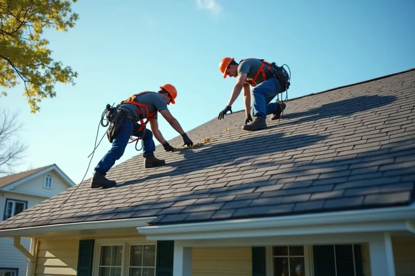 roofing crew installing new shingles on residential roof