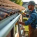 homeowner inspecting roof edge before installing new gutters
