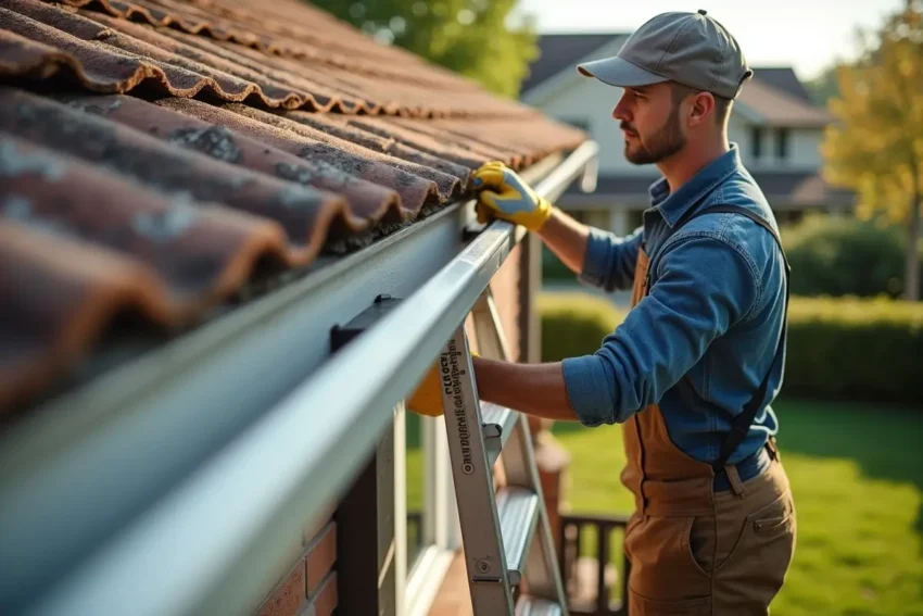 homeowner inspecting roof edge before installing new gutters