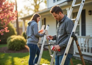 homeowner performing seasonal home maintenance tasks outside