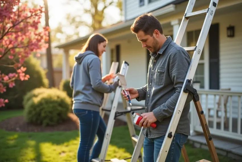 homeowner performing seasonal home maintenance tasks outside