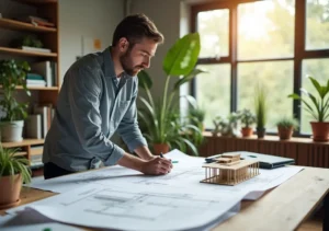 architect reviewing sustainable construction design plans