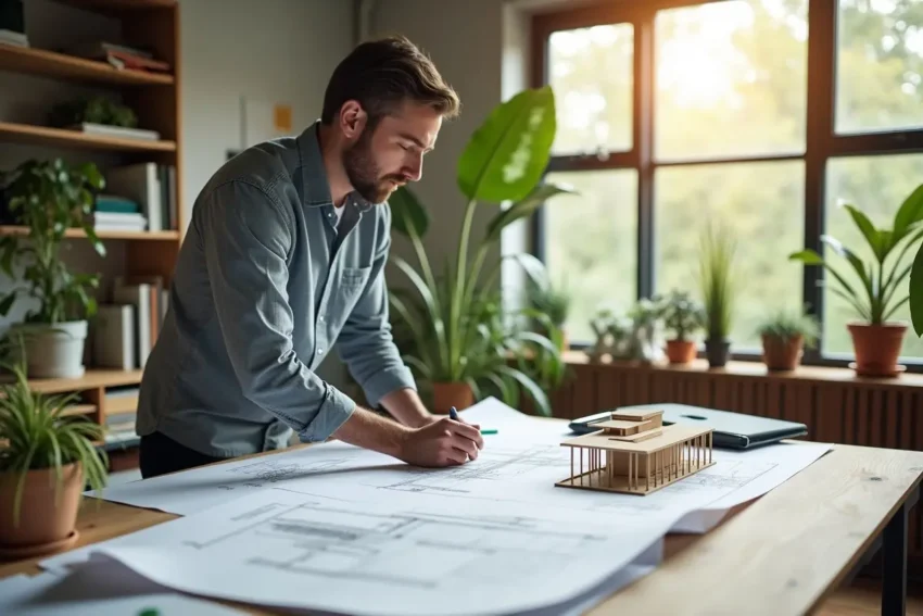 architect reviewing sustainable construction design plans