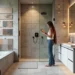 homeowner selecting innovative bathroom tile patterns to elevate interior design